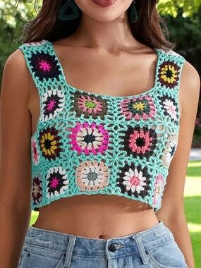 Andora M turquoise with colorful flower squares crocheted tank